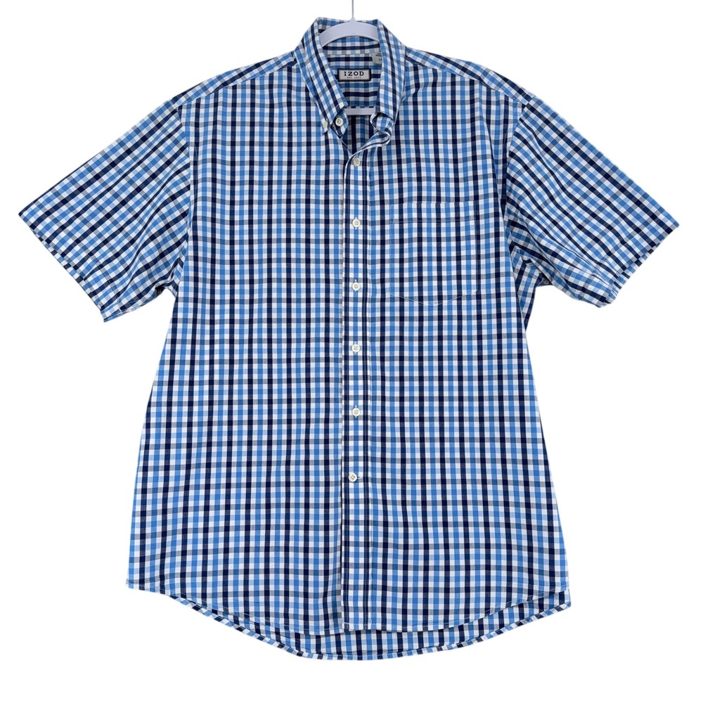 IZOD Mens Short Sleeve Button‎ Down Shirt Blue Gingham Plaid Size L G